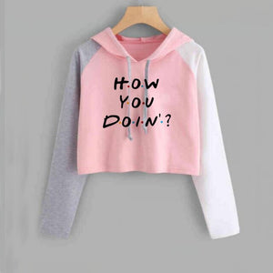 Crop Hoodie Women  Pullovers Friends Tv How You Doin Printed Funny Hoodies Women Harajuku Pink White Patchwork Pullover Outwear