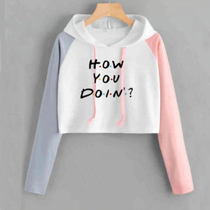 Crop Hoodie Women  Pullovers Friends Tv How You Doin Printed Funny Hoodies Women Harajuku Pink White Patchwork Pullover Outwear