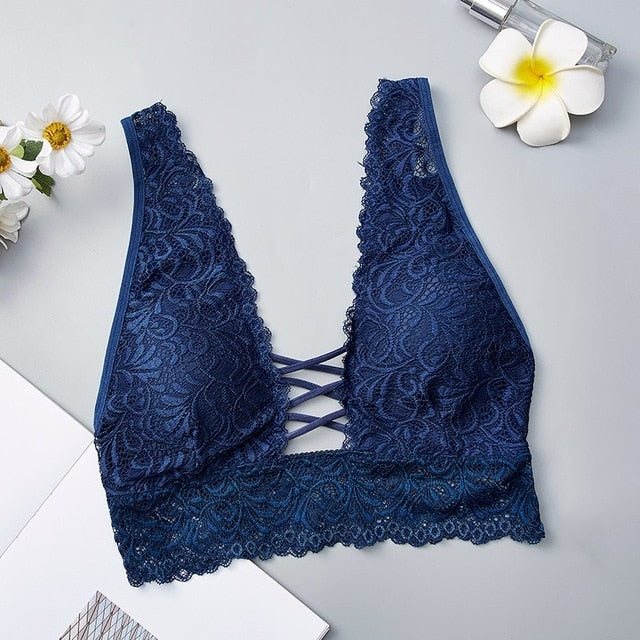 Sexy Lace Bralette Camisoles Tank Top Women Deep V Back Cross Wirefree Underwear Lingerie Brassiere