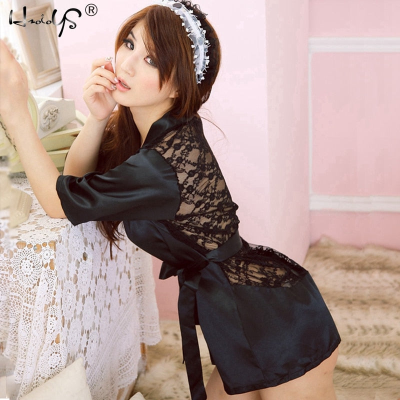 Women Imitation Silk intimate pyjamas 2/pcs Sets Robe + G-string underwear lace mesh slips dress sheer sexy lingerie half slips