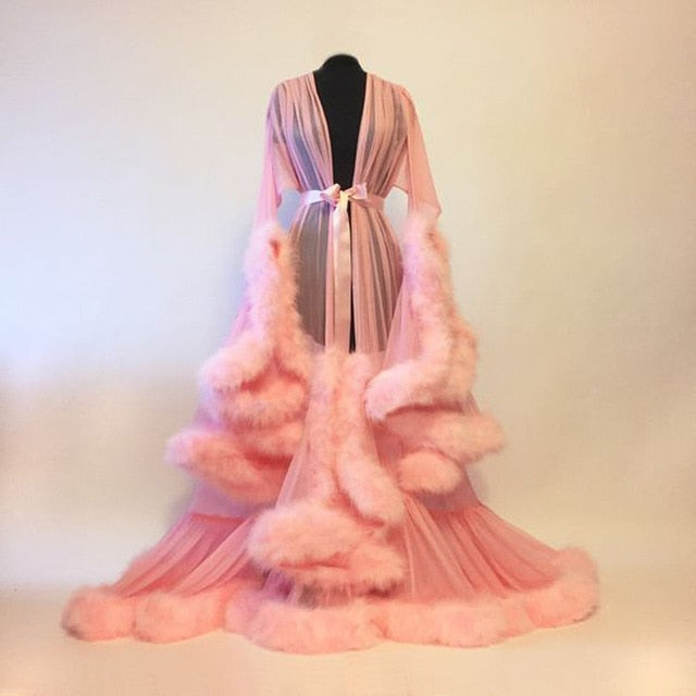 Hot Sale Fashion Gown Mesh Fur Babydolls Sleep Wear Sexy Women Lingerie Sleepwear Lace Robe Night Dress Nightgrown Robes