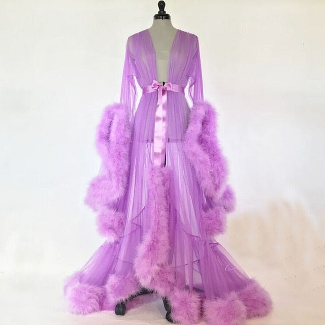 Hot Sale Fashion Gown Mesh Fur Babydolls Sleep Wear Sexy Women Lingerie Sleepwear Lace Robe Night Dress Nightgrown Robes