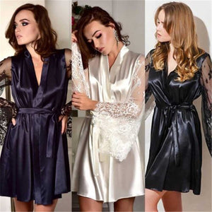 Sexy Loose Solid Long Sleeve Ladies Hot Causal Women Sexy Sleepwear Nightgown Satin Silk Babydoll Lace Robes Sleep Dress