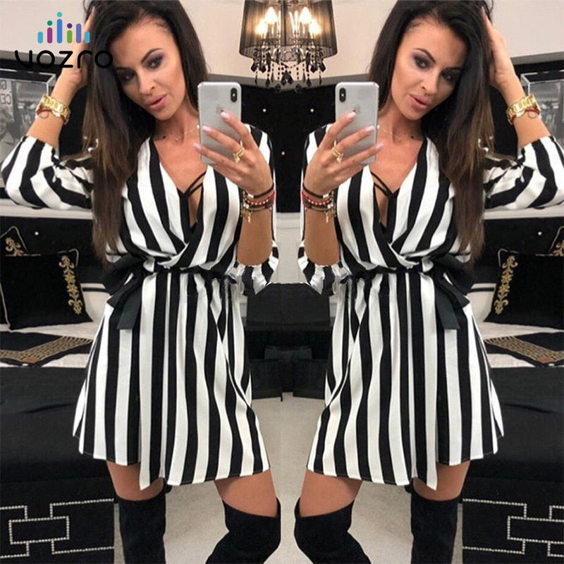 VOZRO Suit-dress Stripe V Lead Chalaza Leisure Time Sexy Party Autumn White Black Dress Women Vestido Dresses Clothes Shirt