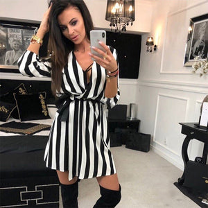 VOZRO Suit-dress Stripe V Lead Chalaza Leisure Time Sexy Party Autumn White Black Dress Women Vestido Dresses Clothes Shirt