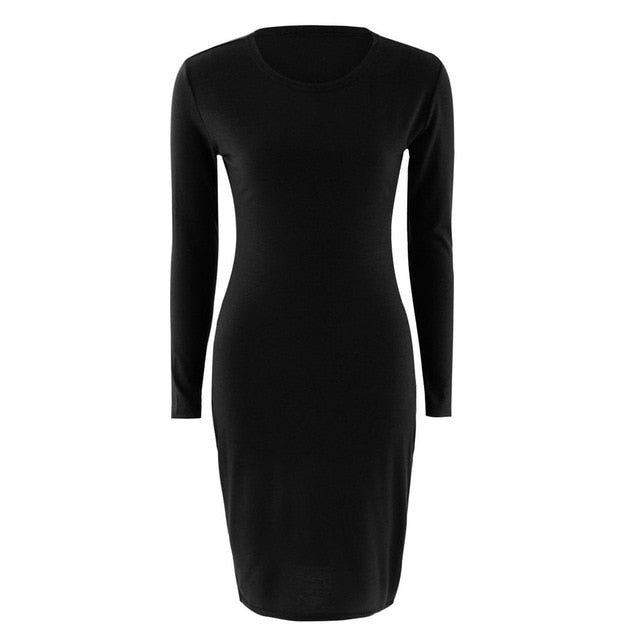 New Hot Autumn Spring Women Long Sleeve Dacron Dress Bodycon Sexy Slim Fit сарафан O-neck Casual solid color  straight Dresses