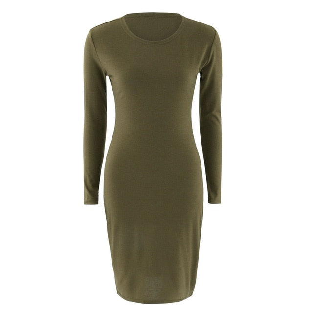 New Hot Autumn Spring Women Long Sleeve Dacron Dress Bodycon Sexy Slim Fit сарафан O-neck Casual solid color  straight Dresses