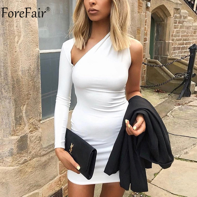 Forefair Red One Shoulder Sexy Bodycon Dress Party Long Sleeve Nightclub Hollow Out Women Mini White Red Black Dresses