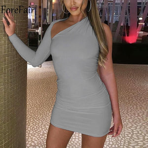 Forefair Red One Shoulder Sexy Bodycon Dress Party Long Sleeve Nightclub Hollow Out Women Mini White Red Black Dresses