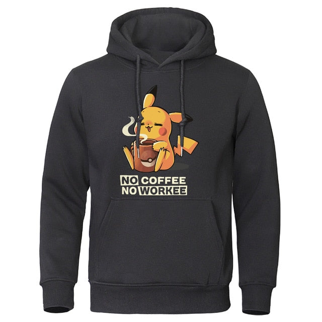 Cartoon Harajuku Men Hoodie NO COFFEE NO WORKEE Hoodies Pikachu Pokemon Sweatshirt Casual Mens Funny Streetwear Anime Pullover