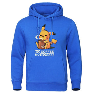 Cartoon Harajuku Men Hoodie NO COFFEE NO WORKEE Hoodies Pikachu Pokemon Sweatshirt Casual Mens Funny Streetwear Anime Pullover