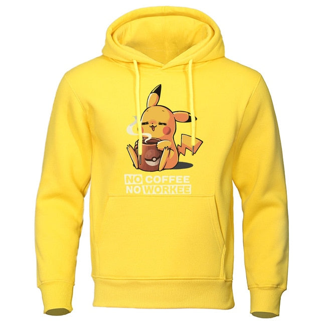 Cartoon Harajuku Men Hoodie NO COFFEE NO WORKEE Hoodies Pikachu Pokemon Sweatshirt Casual Mens Funny Streetwear Anime Pullover