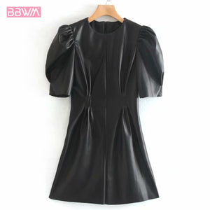 PU Black Waist French Retro Short Women's Dress 2019 Autumn Harajuku Short Sleeve Sexy Chic Women's Dresses Round Neck