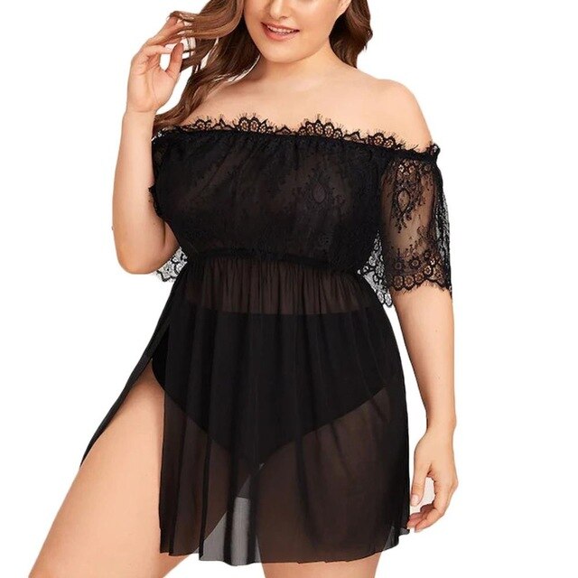 Lace Mini Night Dress Ladies Fat Gowns Women Porn Dress Sexy Lingerie Off Shoulder Sleep Wear Nightgown Lingerie Porno Plus Size