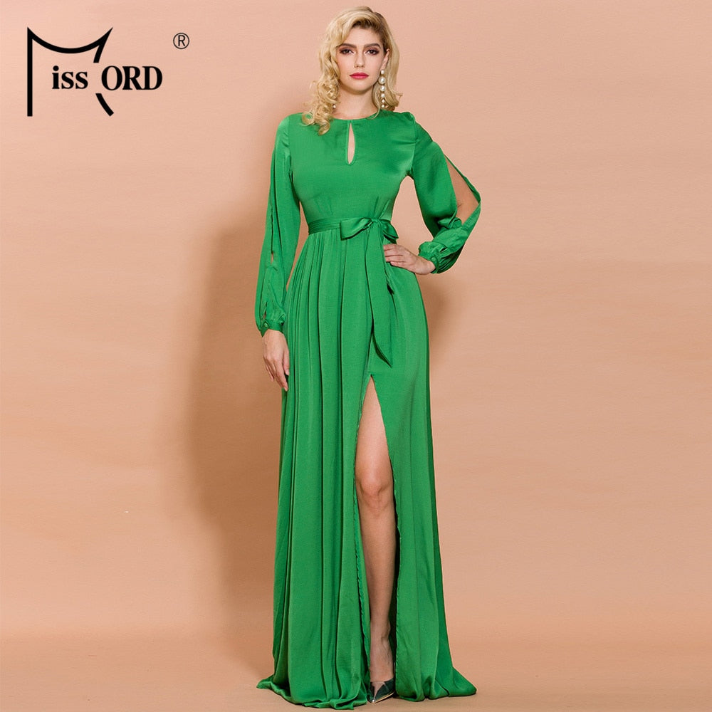 Missord 2019 Women Sexy O Neck Long Sleeve High Split Solid Color Hollow Out Dresses Female Elegant Maxi  Dress  AM0062