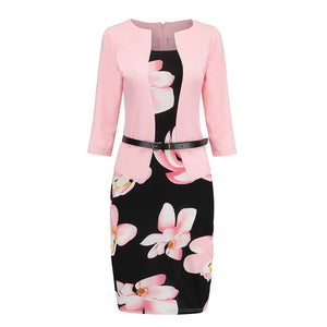 HOT Women Dresses O-Neck Office Work Formal Dress Bodycon Sheath Pencil Dresses with Belt 19ING