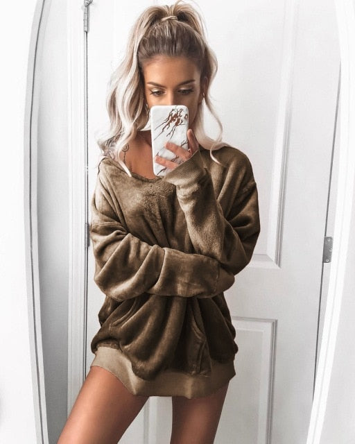 Women Pullover Sexy Loose Sleep Tops Winter Warm Sleep Velvet Home Sleeping Clothes Cute Pink Loose Nightwear Pajamas