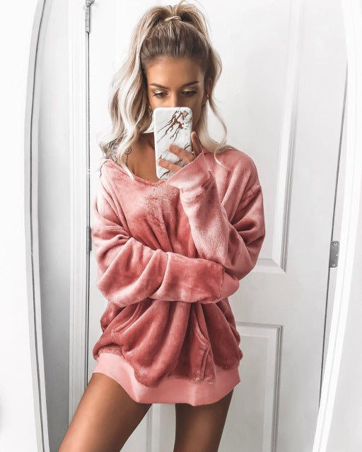 Women Pullover Sexy Loose Sleep Tops Winter Warm Sleep Velvet Home Sleeping Clothes Cute Pink Loose Nightwear Pajamas