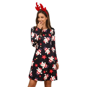 Women's Xmas Dress Snowman Snow Reindeer Long Sleeve Christmas Party A-Line Mini Dress Plus Size S-3XL