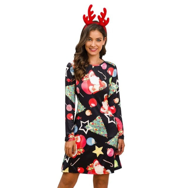 Women's Xmas Dress Snowman Snow Reindeer Long Sleeve Christmas Party A-Line Mini Dress Plus Size S-3XL