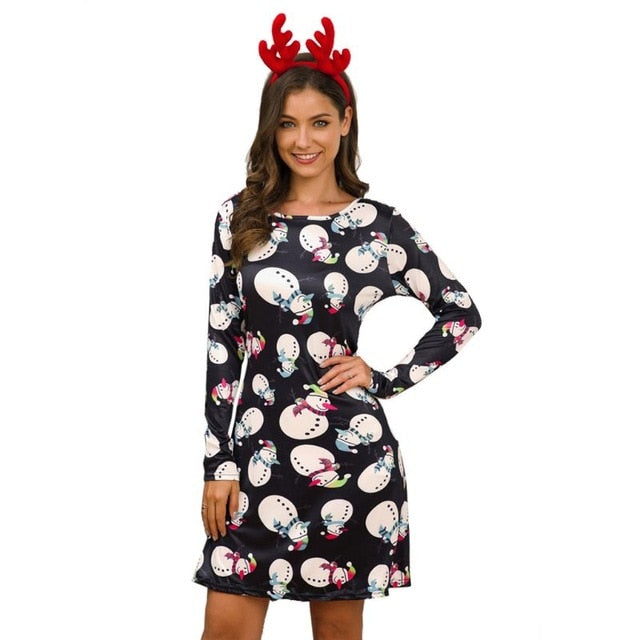 Women's Xmas Dress Snowman Snow Reindeer Long Sleeve Christmas Party A-Line Mini Dress Plus Size S-3XL