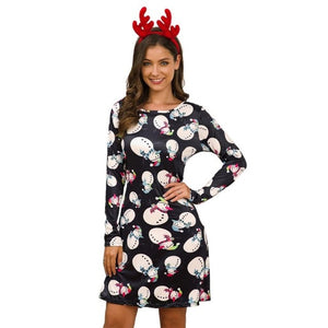 Women's Xmas Dress Snowman Snow Reindeer Long Sleeve Christmas Party A-Line Mini Dress Plus Size S-3XL