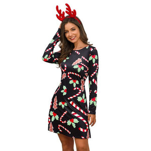 Women's Xmas Dress Snowman Snow Reindeer Long Sleeve Christmas Party A-Line Mini Dress Plus Size S-3XL