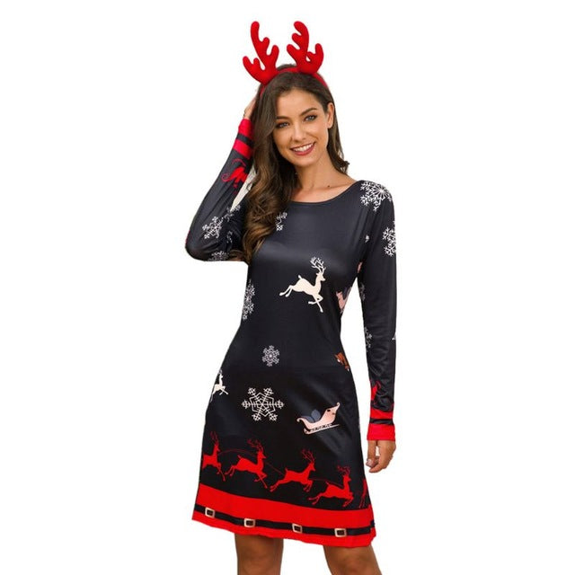 Women's Xmas Dress Snowman Snow Reindeer Long Sleeve Christmas Party A-Line Mini Dress Plus Size S-3XL