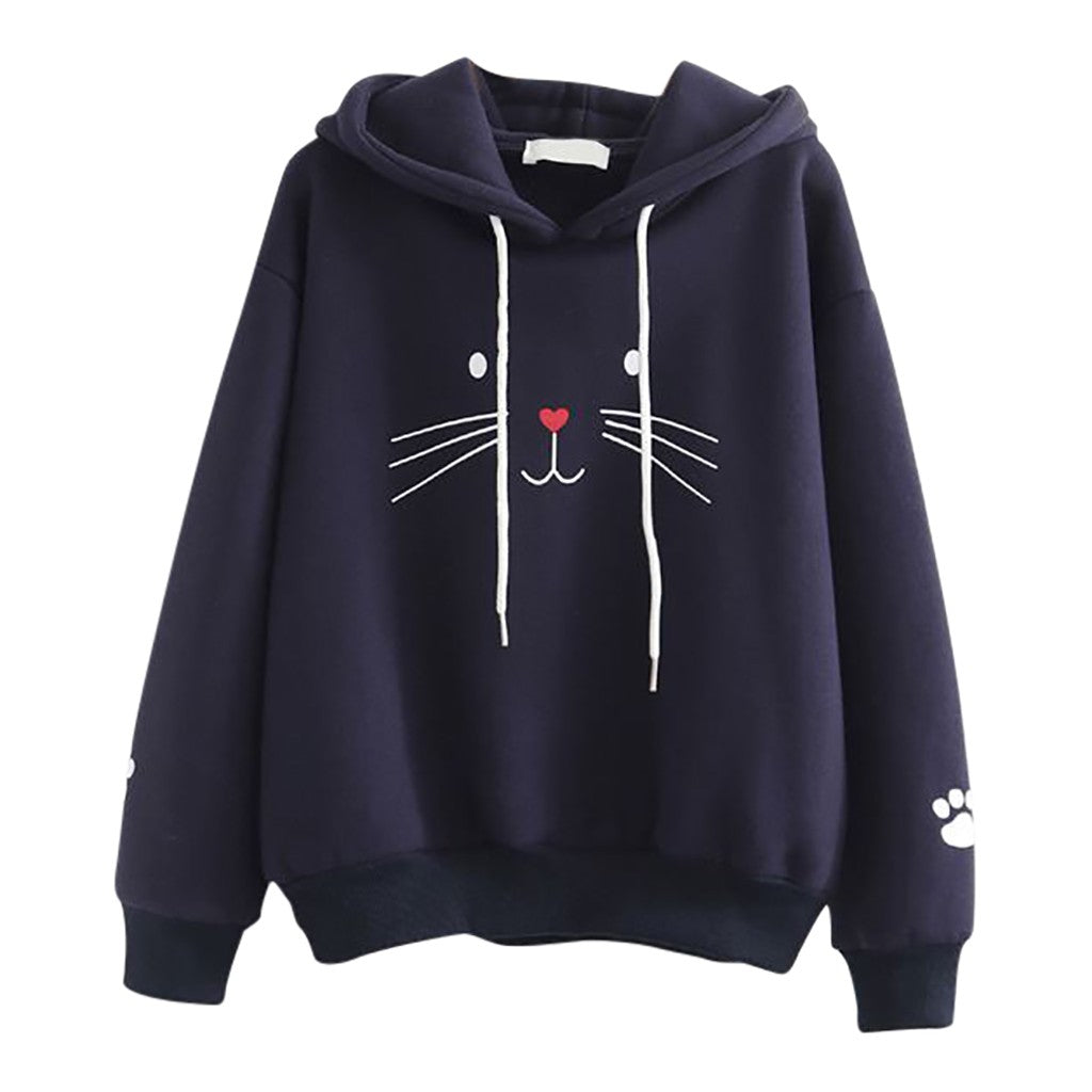 Fashion Women Top Cat Printing Shirt Long Sleeve  Casual Loose Blouse Top mignon visage de chat