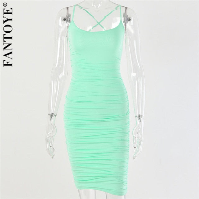 FANTOYE Elegant Mint Ruched Women's Party Dress 2019 New Sexy Backless Bodycon Dress Femme Double Layer Pleated Dresses Vestidos