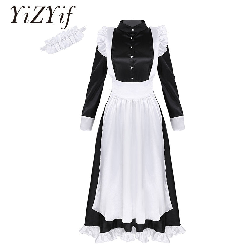 Women Maid Cosplay Sexy Costume Long Sleeves Front Button Down Long Maxi Fancy Dress with Apron and Headpiece Maid Sexy Costume