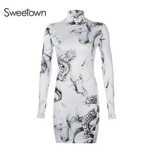 Sweetown Cartoon Pattern Turtleneck Winter Dress Women Chinese Style Long Sleeve Slim Bodycon Womens Dresses New Arrival 2019