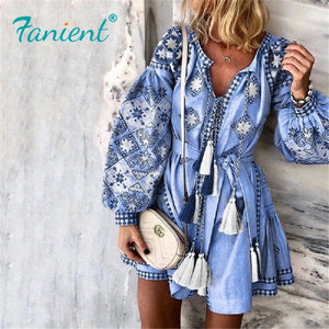 Summer Autumn Sexy Boho Dress Tassel Hollow Mini Dresses Women 2019 New Bohemian Floral Print Beach Dress Vestido Lantern Blue