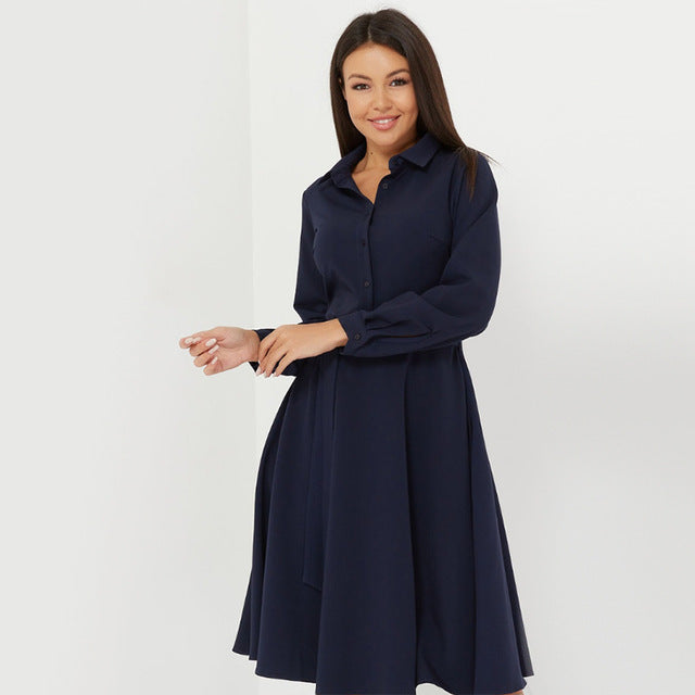 Women Vintage Sashes Elegant A-line Party Dress Long Sleeve Turn Down Collar Solid Casual Dress 2019 Winter New Fashion Dress