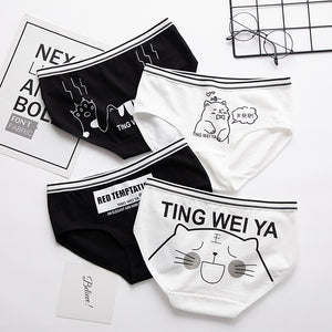 Simple Black And White Cute Cartoon Underwear Women's Mid-waist Bag Hip Breathable Underwear Women 100% Cotton