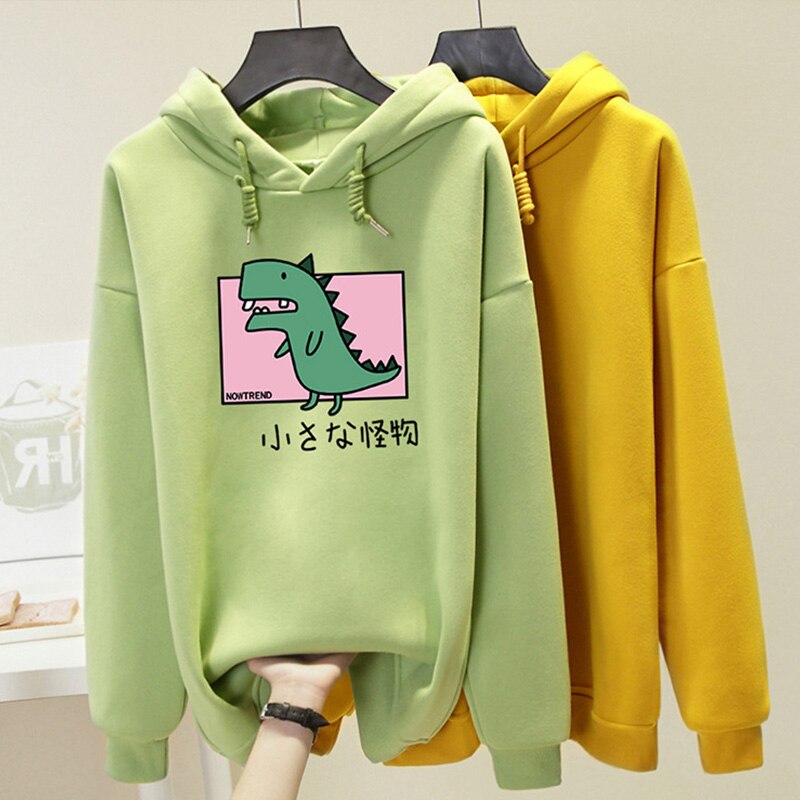 Plus Size Harajuku Hooded Sweatshirt Women Dinosaur Printed Hoodies Kawaii Top 2019 Autumn Winter Casual Hoody Pullover Female