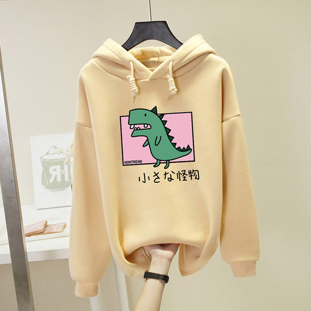 Plus Size Harajuku Hooded Sweatshirt Women Dinosaur Printed Hoodies Kawaii Top 2019 Autumn Winter Casual Hoody Pullover Female