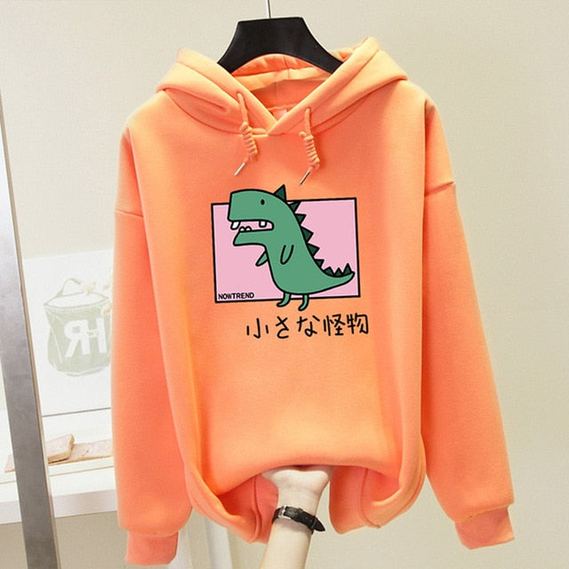 Plus Size Harajuku Hooded Sweatshirt Women Dinosaur Printed Hoodies Kawaii Top 2019 Autumn Winter Casual Hoody Pullover Female