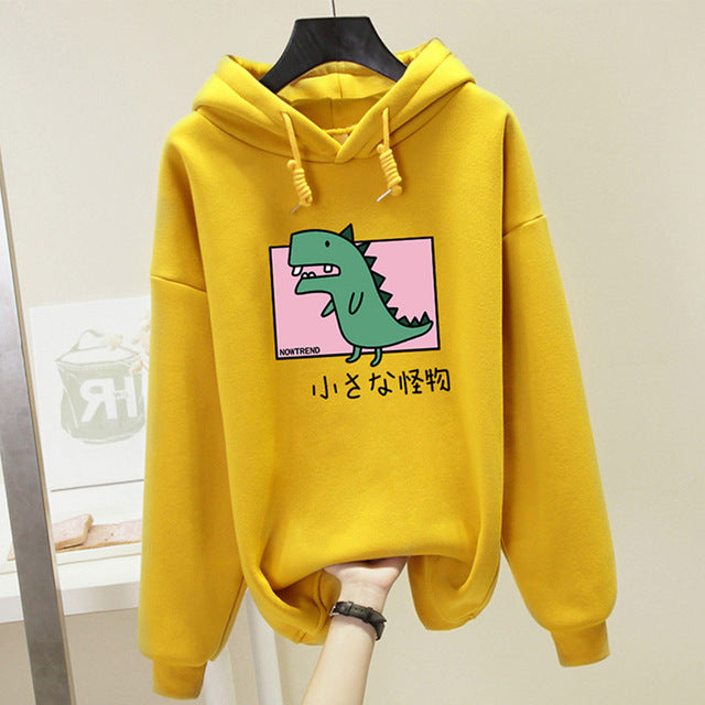 Plus Size Harajuku Hooded Sweatshirt Women Dinosaur Printed Hoodies Kawaii Top 2019 Autumn Winter Casual Hoody Pullover Female