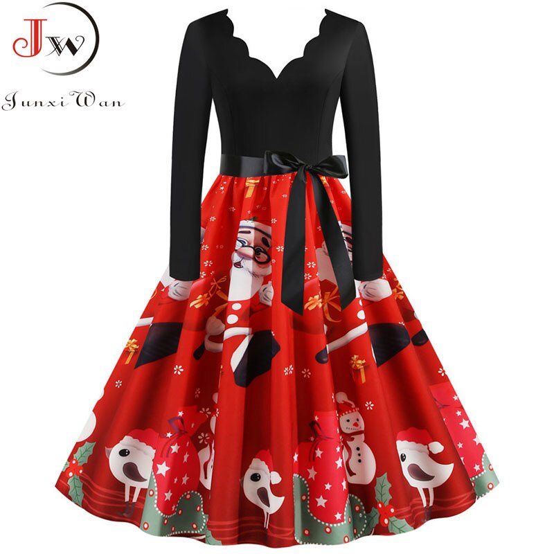 Women Winter Long Sleeve Vintage Christmas Dress Black Red Print V Neck Sexy Xmas Party Dress Robe Plus Size 3XL Elegant Vestido