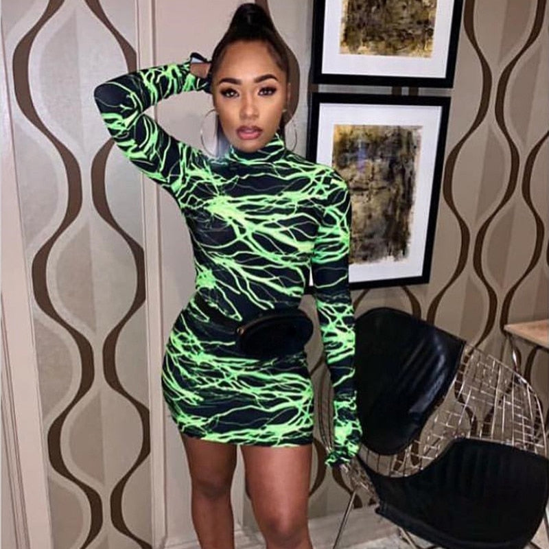 Simenual Sexy Hot Fashion 2019 Women Bodycon Dresses Long Sleeve Autumn Printed Party Clubwear Skinny Mini Dress with Gloves New