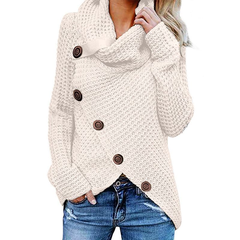 Womens Winter Autumn Long Sleeve Pullover Tops Turtleneck Oblique Buttons Waffle Knitted Irregular Hem Loose Sweatshirt