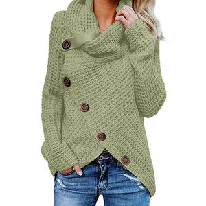 Womens Winter Autumn Long Sleeve Pullover Tops Turtleneck Oblique Buttons Waffle Knitted Irregular Hem Loose Sweatshirt