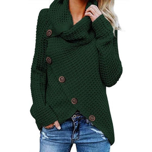 Womens Winter Autumn Long Sleeve Pullover Tops Turtleneck Oblique Buttons Waffle Knitted Irregular Hem Loose Sweatshirt