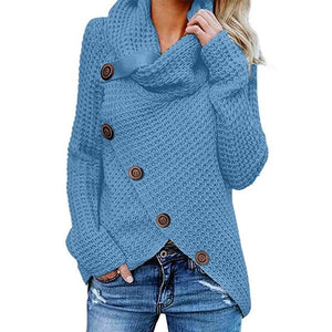 Womens Winter Autumn Long Sleeve Pullover Tops Turtleneck Oblique Buttons Waffle Knitted Irregular Hem Loose Sweatshirt