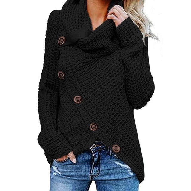 Womens Winter Autumn Long Sleeve Pullover Tops Turtleneck Oblique Buttons Waffle Knitted Irregular Hem Loose Sweatshirt