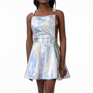 Glitter Laser Holographic A-Line Dress Women Backless Criss Cross Buckle Strap Wet Look 2019 Fall Fashion Sexy Mini Dresses