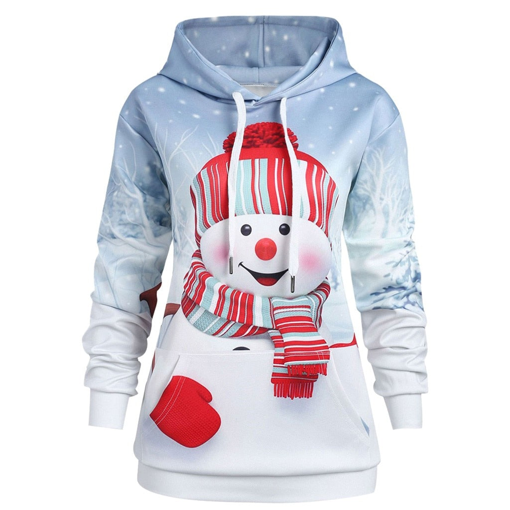 Women Hoodie Christmas Big Pocket Cartoon Snowman Print Long Sleeve Hoodies Sweatshirt Pullover Top sudadera mujer