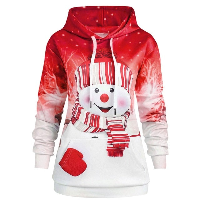 Women Hoodie Christmas Big Pocket Cartoon Snowman Print Long Sleeve Hoodies Sweatshirt Pullover Top sudadera mujer