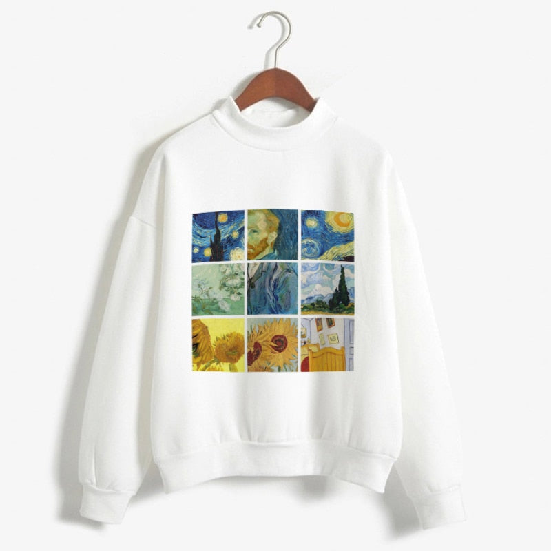 Vintage Van Gogh Oil Painting Sweatshirts Harajuku Michelangelo High Collar Pullover Sweatshirt O-neck Ladies Oversized Hoodies